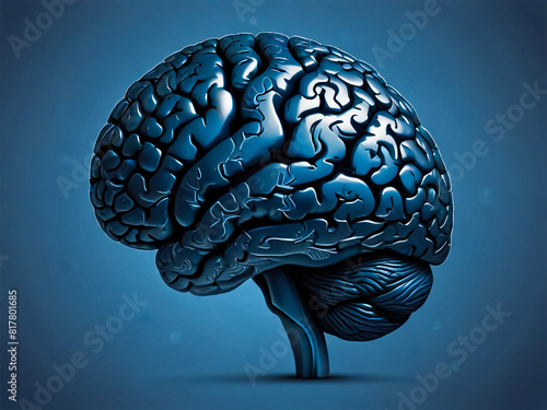 3D rendered human brain in shades of blue with solid background