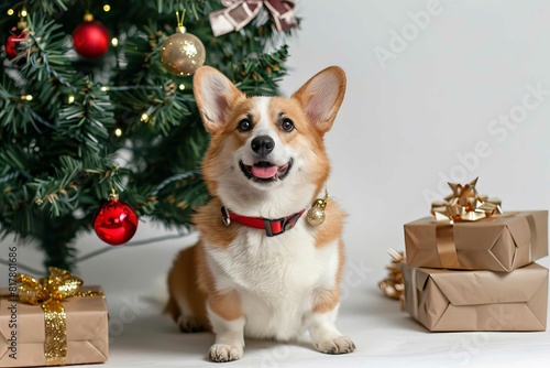 A corgi with a festive holiday collar, sitting under a decorated Christmas tree, with gifts and ornaments, isolated on white background, copy space