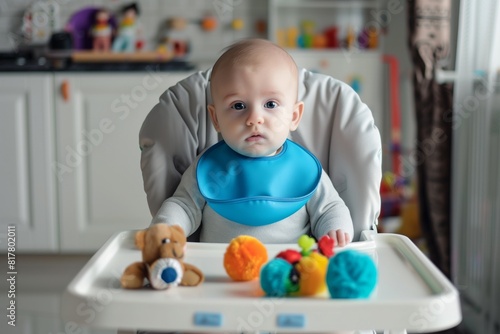Cute baby sitting in a high chair with a blue bib and colorful toys, in a bright kitchen setting.