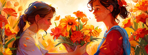 Illustration of a mother receiving flowers from her children. photo