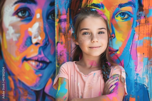 A young girl standing in front of a vibrant, colorful wall. Perfect for lifestyle or urban concept