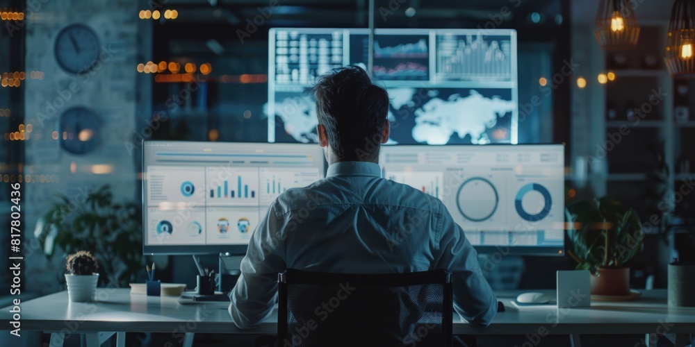 A man sitting at a desk in front of a computer. Suitable for office and technology concepts A man sitting at a desk in front of a computer. Suitable for office and technology concepts