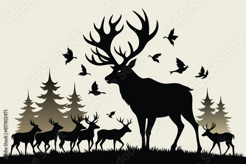 vector silhouette of a large male bull elk bugling with a herd of cow elk in the background