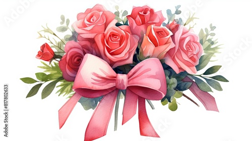 Romantic watercolor painting of a bouquet of roses in shades of red  pink  and peach  tied with a satin ribbon