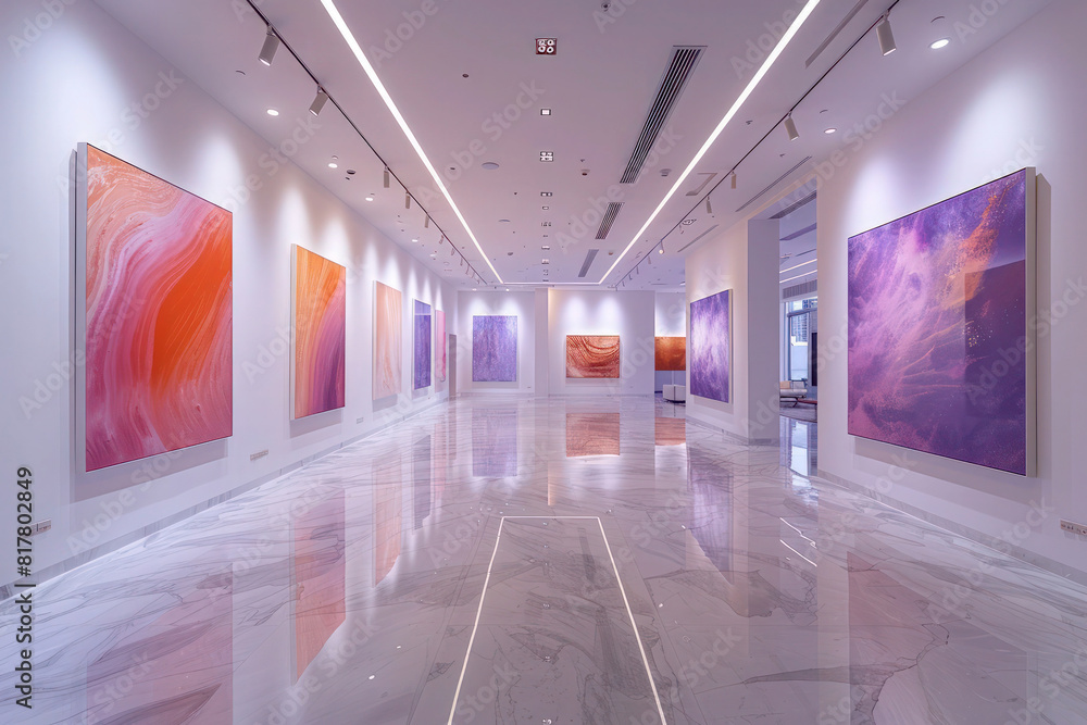 A sophisticated art gallery interior, minimalistic design with white walls and spotlighting enhancing the vibrant colors of abstract paintings, reflective marble floors adding to the ambiance. A sophisticated art gallery interior, minimalistic design with white walls and spotlighting enhancing the vibrant colors of abstract paintings, reflective marble floors adding to the ambiance.