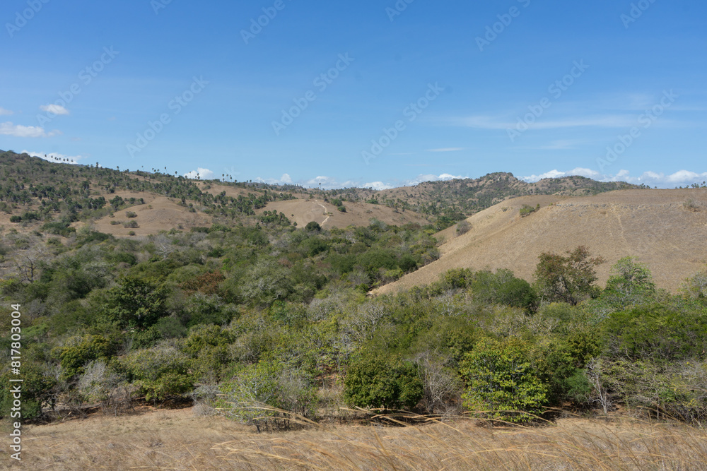 Scenic view of a dry hilly landscape with sparse vegetation under a clear blue sky Scenic view of a dry hilly landscape with sparse vegetation under a clear blue sky