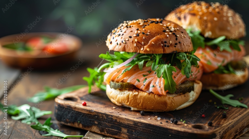 wild salmon burger, copy space, burger day background concept wild salmon burger, copy space, burger day background concept