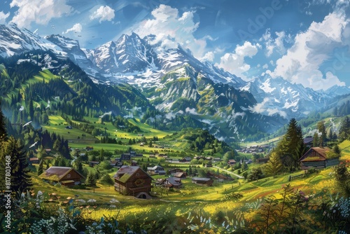Scenic painting of a village nestled in the mountains. Suitable for home decor or travel websites