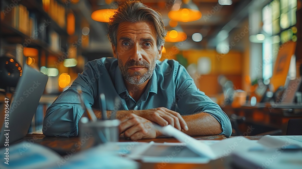 A professional man in his 40s is sitting at his desk, looking at the camera with a confident expression A professional man in his 40s is sitting at his desk, looking at the camera with a confident expression