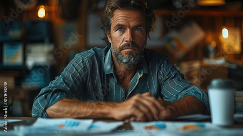 A professional headshot of a man in his 40s. He has short brown hair and blue eyes. He is wearing a blue shirt and he is sitting at a desk. He has a serious expression on his face.