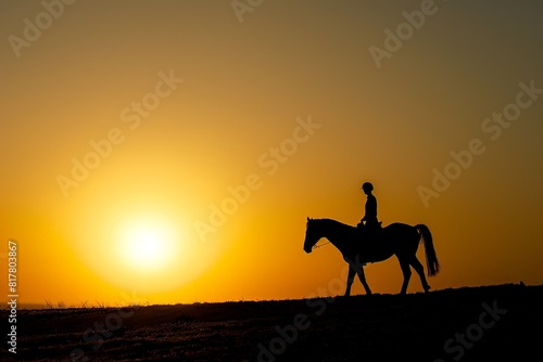 A person is riding a horse in a field at sunset