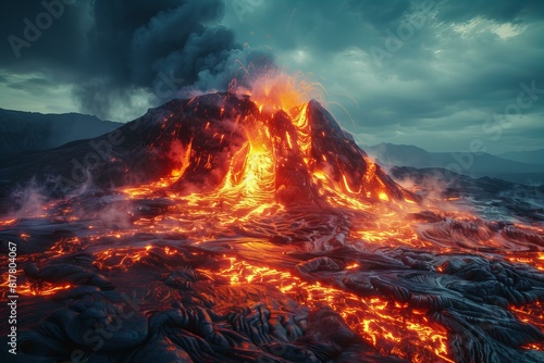 A large volcano erupting with molten lava flowing on the ground
