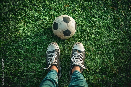 Person standing grass feet soccer ball