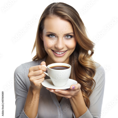 A woman is holding a coffee cup and smiling