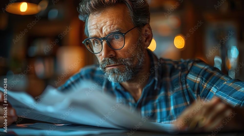 A man in his 40s is looking at a document with a serious expression. He is wearing glasses and has a beard. He is wearing a plaid shirt. A man in his 40s is looking at a document with a serious expression. He is wearing glasses and has a beard. He is wearing a plaid shirt.