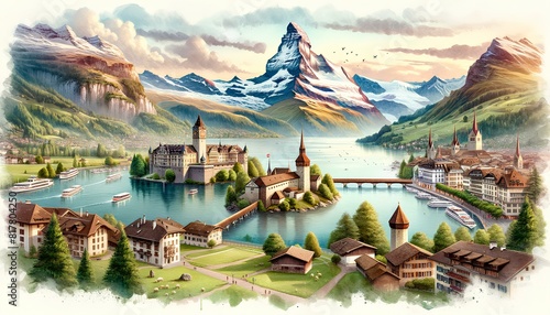 watercolor painting featuring significant landmarks of Switzerland, including the Matterhorn, Chillon Castle on Lake Geneva, and Lucerne with its Chapel Bridge. photo