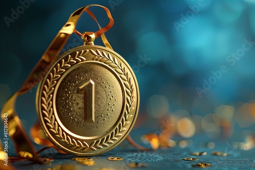 A close up of a gold medal with a ribbon around it