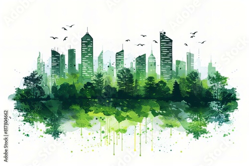 A painting of a city with trees and birds flying over it photo