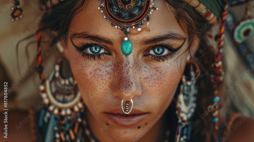 A close-up image of a woman with piercings on her forehead. Can be used for fashion or alternative lifestyle concepts A close-up image of a woman with piercings on her forehead. Can be used for fashion or alternative lifestyle concepts