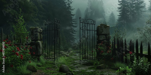 Mystical gate opening to forested pathway photo