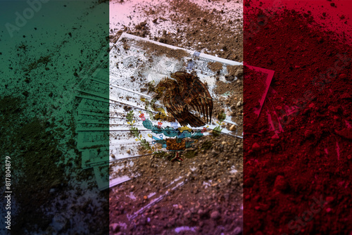 American dollars under the ground with Mexico flag, dollars and clays, dirty money in Mexico 