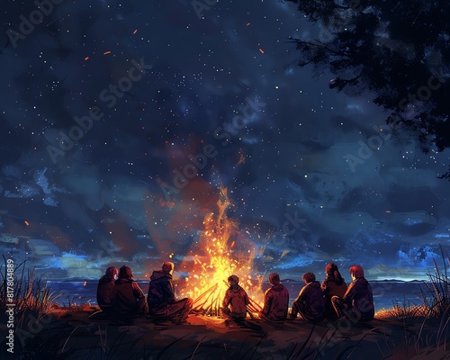 Group of friends sitting around a campfire  roasting marshmallows and telling stories  Starry Night  Warm Tones  Digital Art