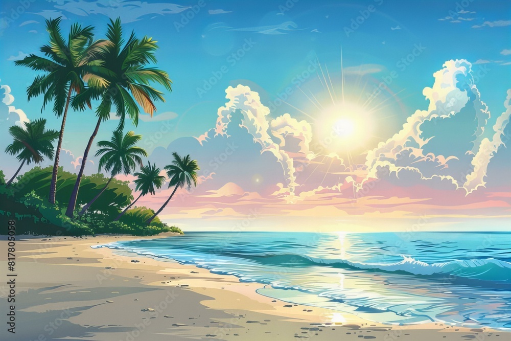 A painting of a beach with palm trees and the sun setting