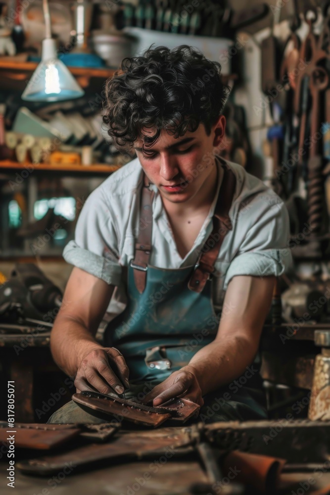 A man is seen working on a piece of wood in a workshop. Ideal for woodworking or carpentry concepts A man is seen working on a piece of wood in a workshop. Ideal for woodworking or carpentry concepts