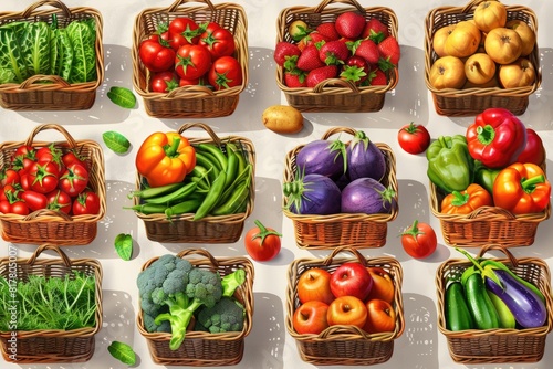 Various types of vegetables in baskets  perfect for food and agriculture concepts