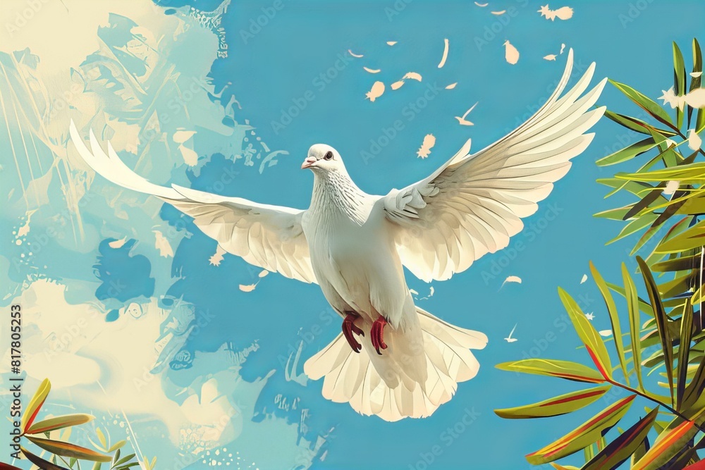 Obraz premium White dove soaring through sky with spread wings