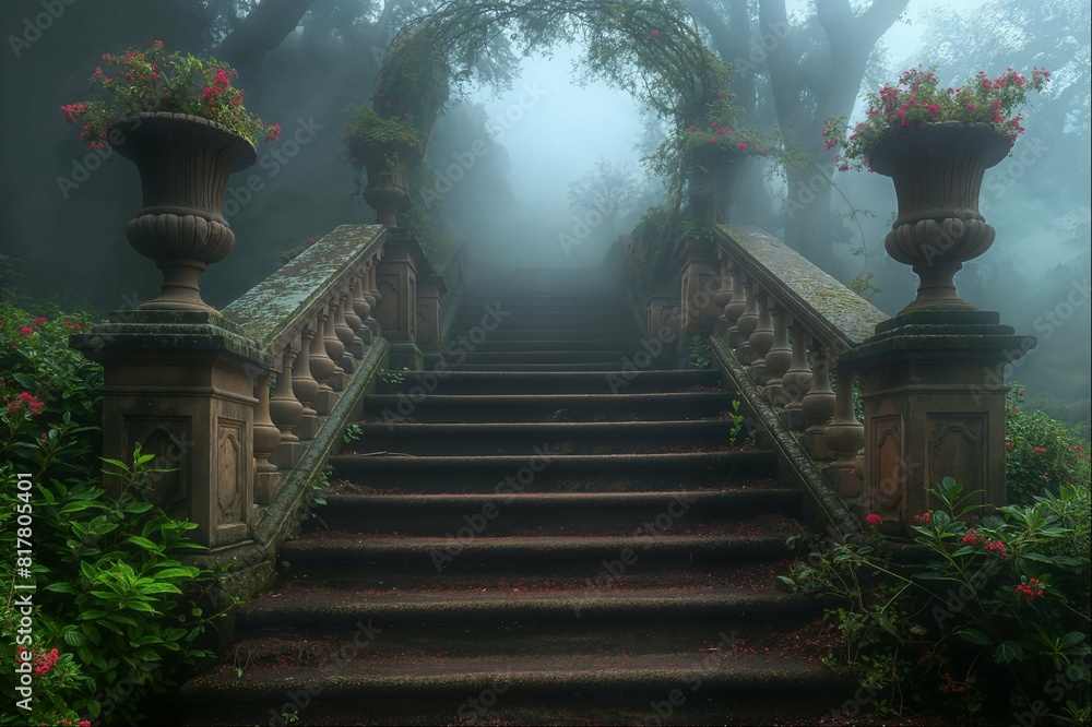 Obraz premium Foggy stairs with flowers in verdant forest