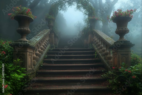 Fototapeta Naklejka Na Ścianę i Meble -  Foggy stairs with flowers in verdant forest