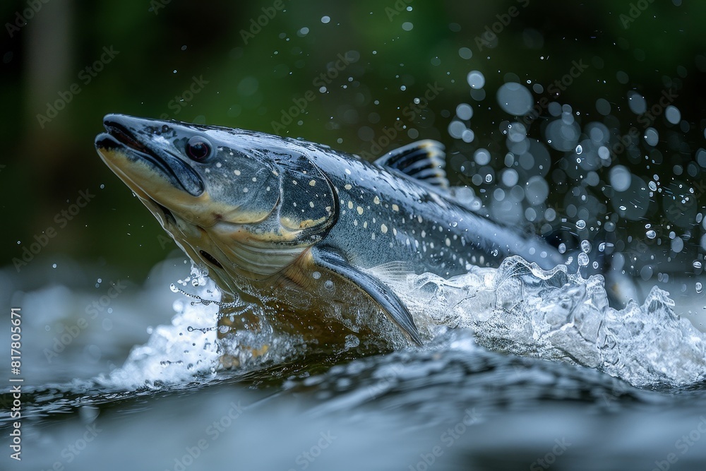 Sturgeon fish leaping out of a river, symbolizing conservation efforts. Sturgeon fish leaping out of a river, symbolizing conservation efforts.