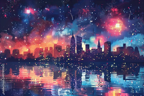 Fireworks illuminate urban skyline night view