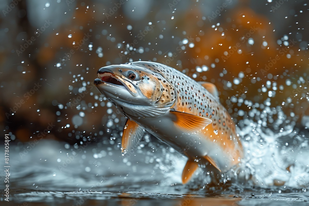 Sturgeon fish leaping out of a river, symbolizing conservation efforts. Sturgeon fish leaping out of a river, symbolizing conservation efforts.