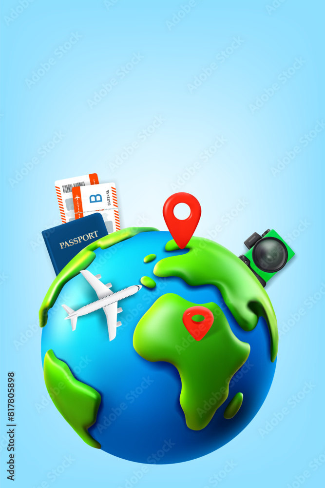 Fototapeta premium The Earth with pins, aircraft, tickets, passport and digital camera. 3d vector banner with copyspace