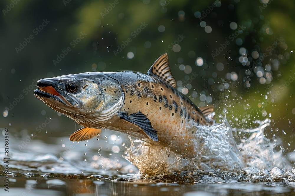 Sturgeon fish leaping out of a river, symbolizing conservation efforts. Sturgeon fish leaping out of a river, symbolizing conservation efforts.