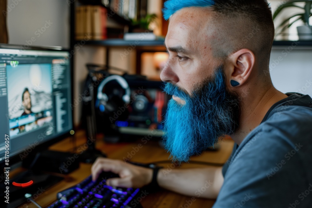 Man with blue beard and hair working on computer, engrossed in editing software in a home office setting. Man with blue beard and hair working on computer, engrossed in editing software in a home office setting.