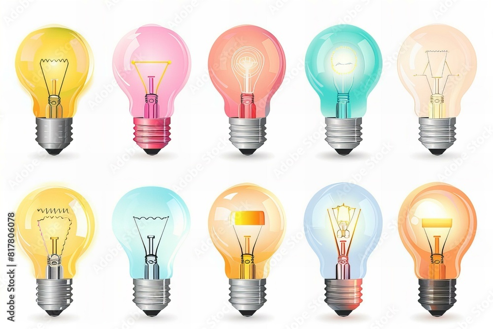 Set of six different colored light bulbs in various shapes Set of six different colored light bulbs in various shapes