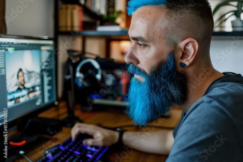 Man with blue beard and hair working on computer, engrossed in editing software in a home office setting.