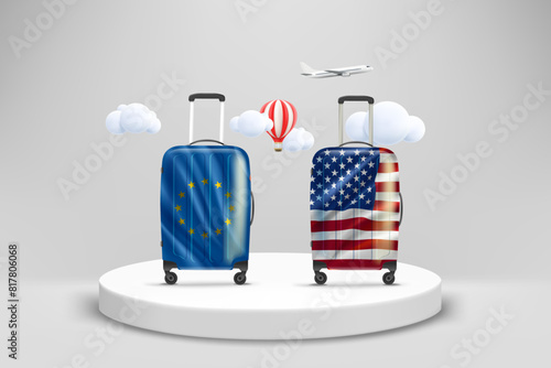 Showcase with travel bags with flags. World travel concept. 3d vector illustration photo