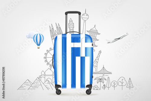 Plastic travel bag with greek flag and famous world sights. 3d vector concept