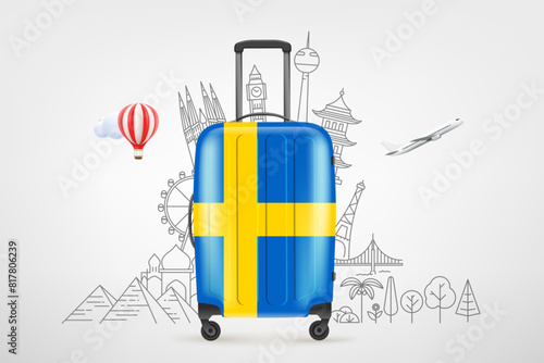 Plastic travel bag with swedish flag and famous world sights. 3d vector concept