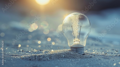 A light bulb filled with sand, where the grains slowly fall to form a new idea symbol at the bottom, discussing time and innovation photo
