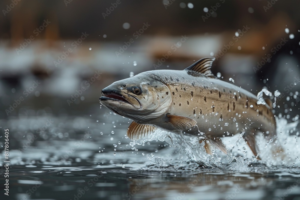 Sturgeon fish leaping out of a river, symbolizing conservation efforts. Sturgeon fish leaping out of a river, symbolizing conservation efforts.