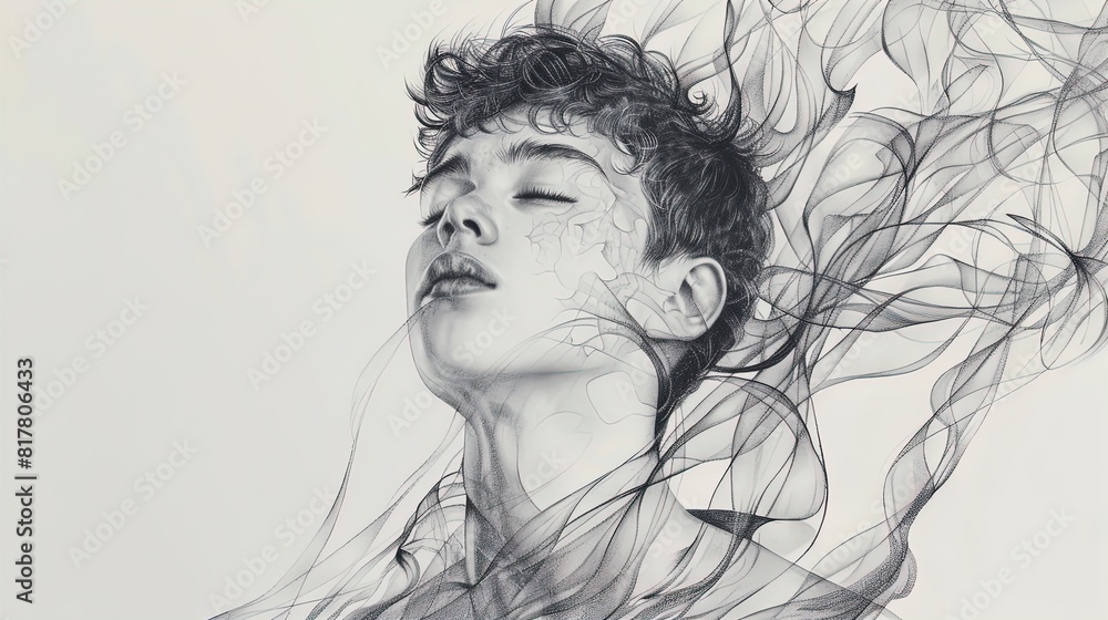 Abstract depiction of a person's face with swirling lines and smoke effects. Digital art portrait for creative design and print. Abstract depiction of a person's face with swirling lines and smoke effects. Digital art portrait for creative design and print.