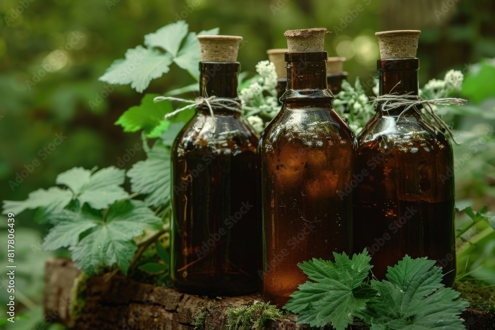Three bottles of liquid on a tree stump, suitable for nature and outdoor themes Three bottles of liquid on a tree stump, suitable for nature and outdoor themes