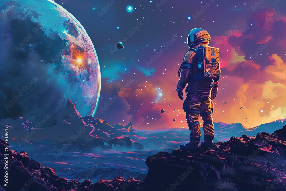 A man in a spacesuit standing on a rocky surface observing planets A man in a spacesuit standing on a rocky surface observing planets