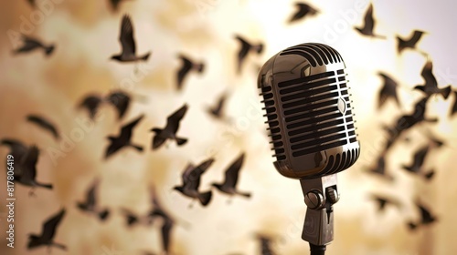 A microphone with sound waves transforming into birds, representing the power of voice and communication photo