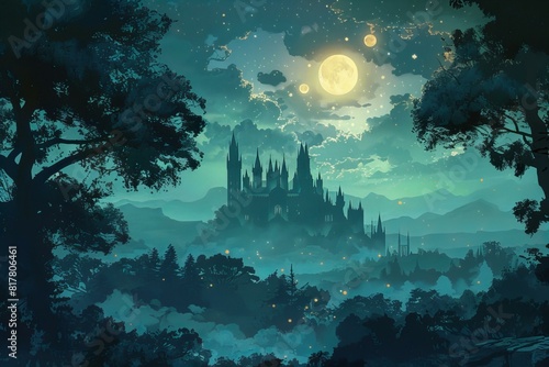 A painting of a castle in woodland